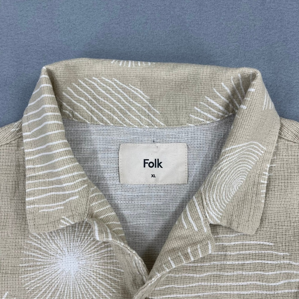 Folk Mens XL Tan Geometric Sunburst Print Textured Cotton Short Sleeve Shirt - Picture 4 of 13